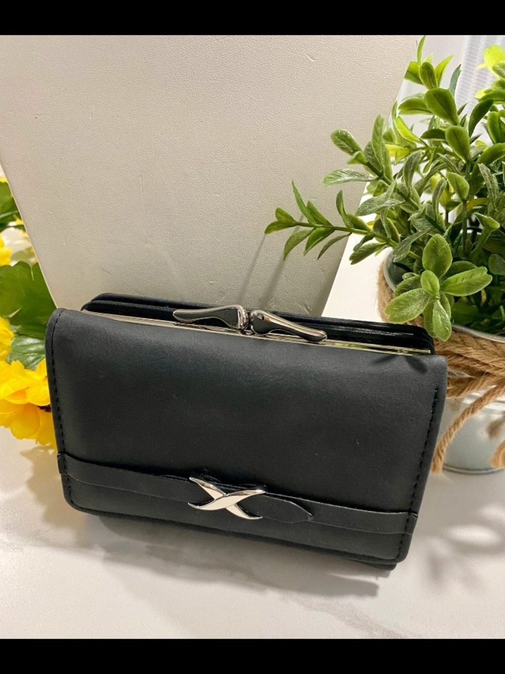 Compact Black Women's Wallet with Silver X Accent